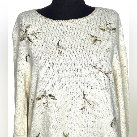 Vintage Talbots Womens Knit Jumper Cream Size XL (14/16/18) Pearls Embroidered - Picture 2 of 12